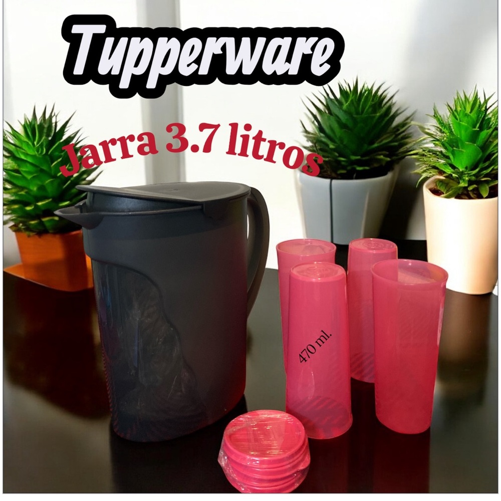 Tupperware Dark Gray Pitcher with Bright Pink Cups